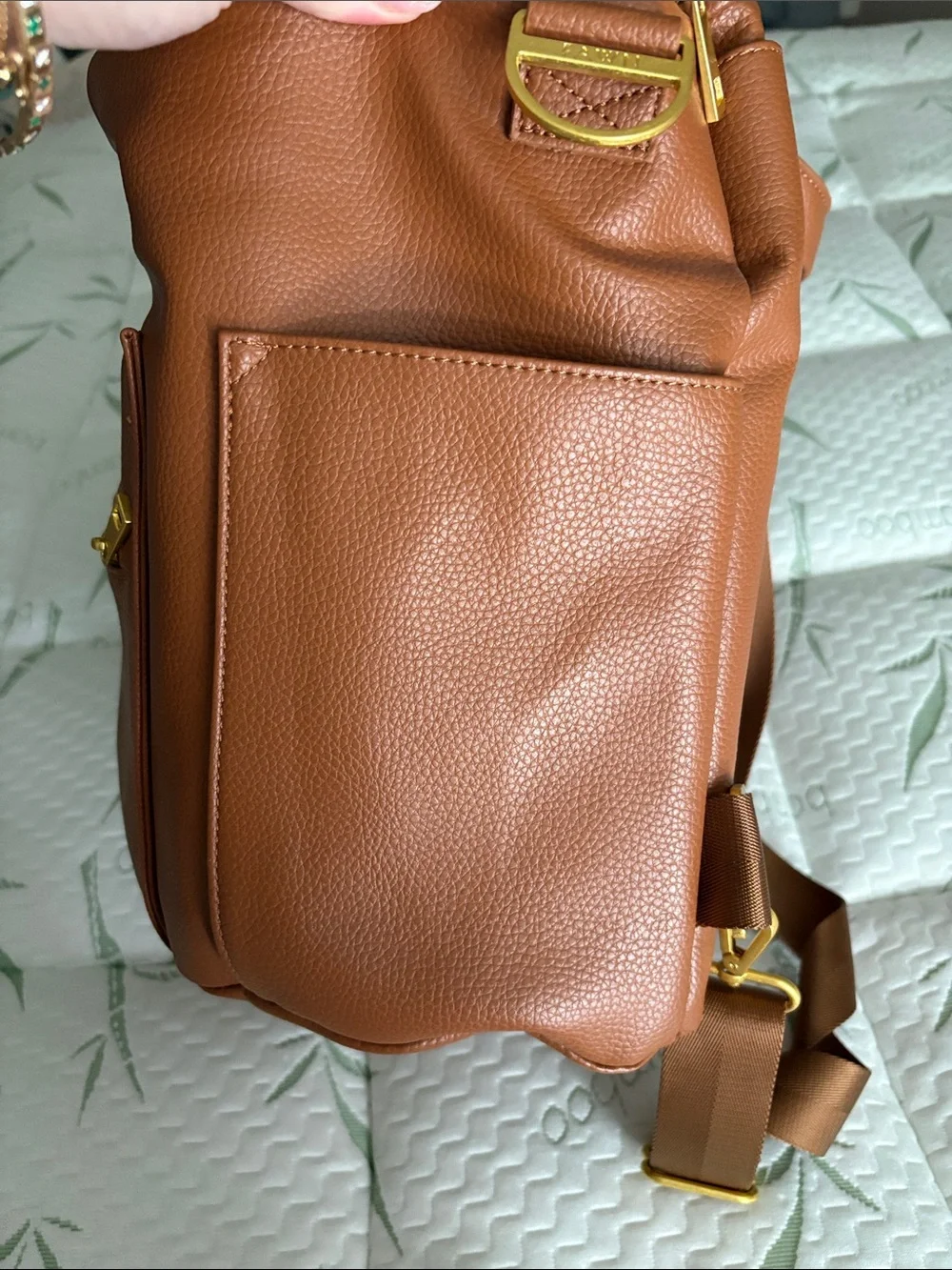 Fawn Pebbled Faux Leather diaper Backpack with Front Zip Pocket